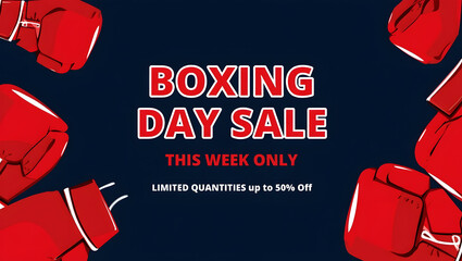 Red Boxing Gloves Bordering Dark Blue Background with Boxing Day Sale Text discount
