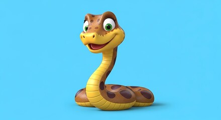 Cartoon snake with green eyes smiling sweetly at the camera on blue backdrop