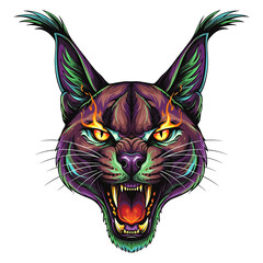 A fierce, detailed illustration of a snarling, angry wildcat head with sharp teeth.