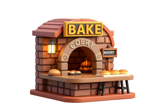 Charming miniature bakery oven with glowing fire and baked goods isolated on transparent background