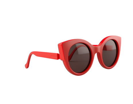 Bold red cat eye sunglasses with dark lenses isolated on transparent background