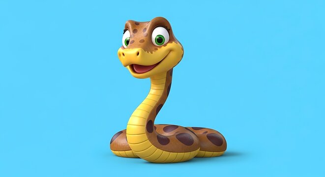 Cartoon snake with green eyes smiling sweetly at the camera on blue backdrop