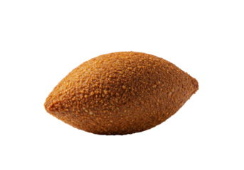 Perfectly baked golden-brown kibbeh croquette with a crispy bulgur wheat crust, sharply focused against a soft white studio background, ample copy space. Authentic Middle Eastern cuisine concept