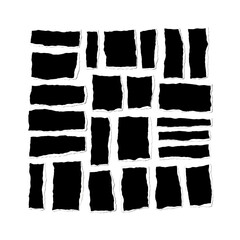 Dynamic collection of torn black paper strips and frames with rough edges, perfect for modern design overlays and creative projects