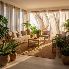 Sunlit living room interior with wooden furniture and lush green plants.