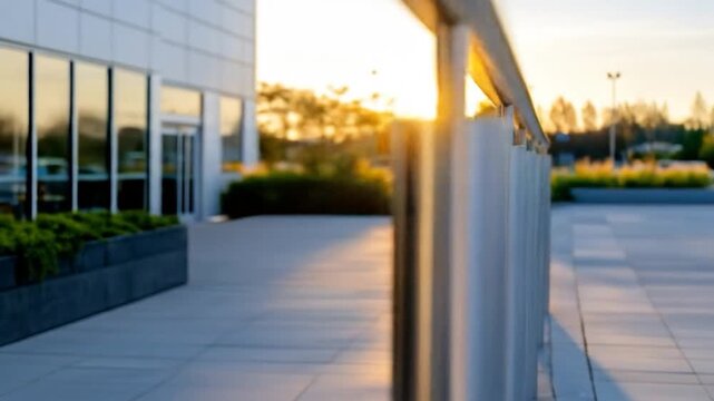 Stainless steel railing modern building golden sunlight urban scene