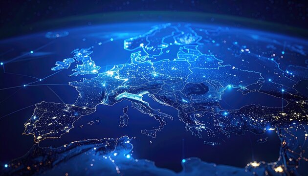 Europe illuminated by city lights from space at night showing global connectivity and urban networks.