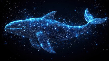 Digital Whale Swimming Through Cosmic Space, Glowing Blue, Starry Night.
