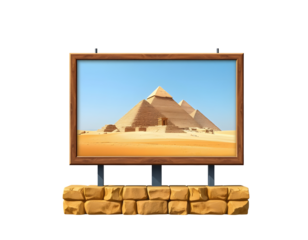 Framed painting of a desert pyramid scene isolated on transparent background