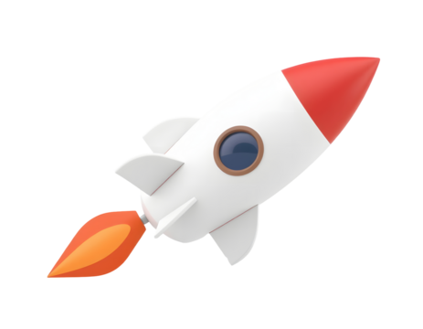 Cartoon rocket ship launching with fiery exhaust isolated on transparent background