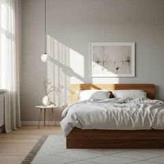 Sunlit minimalist bedroom with a wooden bed and modern decor.