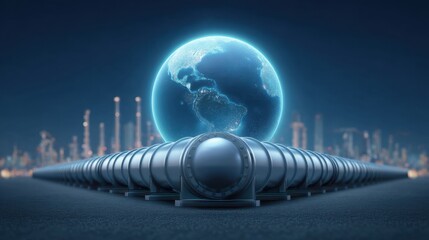 Holographic Representation of Earth Above Pipeline Infrastructure Under Night Sky with Glowing Elements in Futuristic Environment