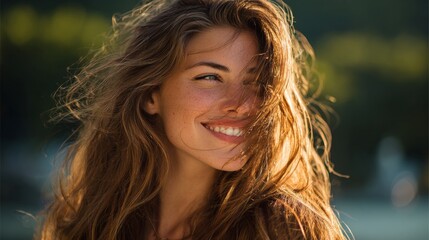 Fototapeta premium Joyful young woman with flowing hair enjoying sunlight, smiling brightly outdoors with soft background, exuding warmth and freedom in natural setting