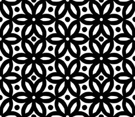 A minimalist black and white geometric floral pattern featuring petal-like shapes and circular accents, creating a bold and elegant seamless design ideal for backgrounds, textiles, and modern decor.