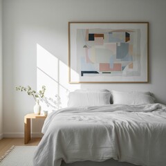 Sunlit minimalist bedroom with abstract art and white linens.