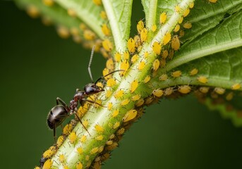 Naklejka premium Ant tending to a large colony of tiny yellow aphids on a green plant stem