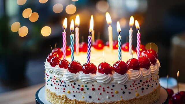 A colorful birthday cake adorned with cherries and lit candles stands on a table, ready for celebration. The cherries on the cake and the glowing candles create a joyful atmosphere