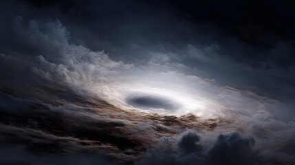 Fototapeta premium A dramatic swirling cosmic vortex resembling a gravity well with a bright glowing accretion disk surrounded by turbulent dark clouds