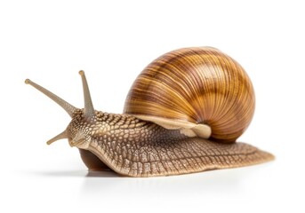 Detailed close up of a garden snail with its shell and antennae extended on a white background