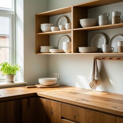 Sunlit minimalist kitchen with open wooden shelves and ceramic dishes.