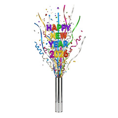 Happy new year 2026 celebration with confetti pop on transparent background