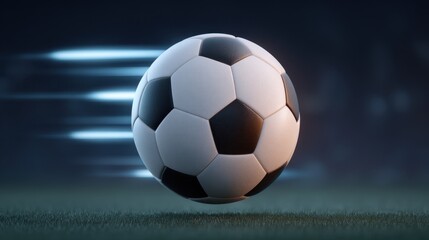 Fast Moving Soccer Ball with Motion Blur and Glowing Light Effects on a Grass Field in a Dramatic Sports Scene