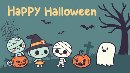 Happy Halloween greetings template vector. a fun and spooky Halloween scene featuring cute cartoon characters including a witch, black cat, mummy, vampire, skeleton, ghost, and pumpkins with carved .