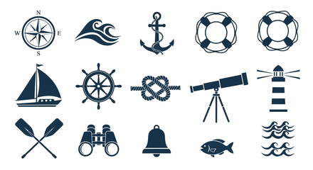 Set of navy blue nautical vector icons on a white background