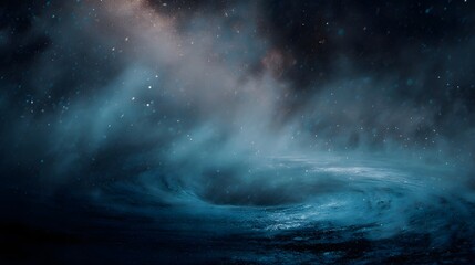 A dramatic cosmic scene featuring a deep swirling vortex and luminous nebula under a starry sky