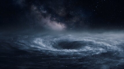 Fototapeta premium A dramatic depiction of a swirling cosmic vortex resembling a black hole against a starry nebula background