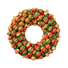 Festive caramel popcorn wreath with holiday drizzle on transparent background