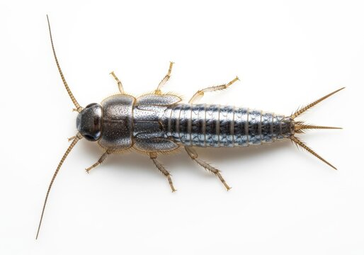 Close up macro photograph of a silverfish insect with long antennae and tail filaments