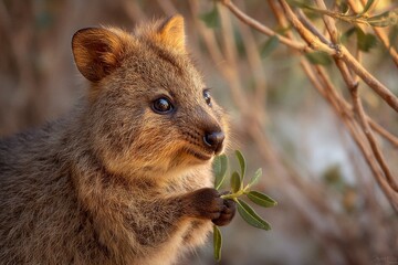 A cute quokka happily munching on a leaf, captured in a close-up shot