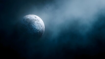 Fototapeta premium A textured cratered moon glows ethereally through atmospheric fog in the vast darkness of space