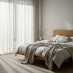 Sunlit modern bedroom interior with a wooden bed and sheer curtains.