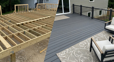 Deck construction transformation: raw frame to finished outdoor living space