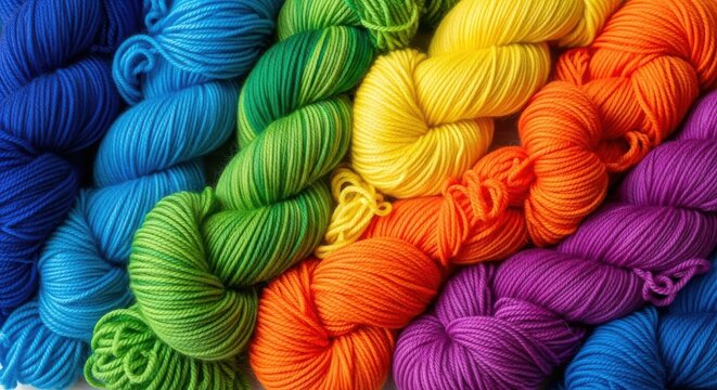 Vibrant rainbow yarn collection for knitting and crochet projects close-up view