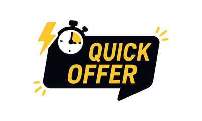 Flat vector banner design icon of lightning bolt and stopwatch near text QUICK OFFER black and dynamic tag