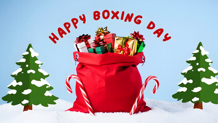 Santa's red sack overflowing with gifts, flanked by candy canes and snow-covered Christmas trees