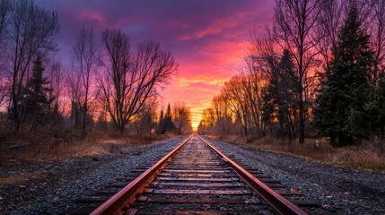 Fototapeta premium Tranquil Sunset Over Quiet Railroad Tracks Surrounded by Trees and Colorful Sky Reflecting Warm Hues for Nature and Landscape Photography