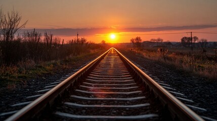 Fototapeta premium Sunset Over a Quiet Railroad Track, Capturing Tranquility and Natural Beauty in a Scenic Landscape Near Rural Fields and Trees