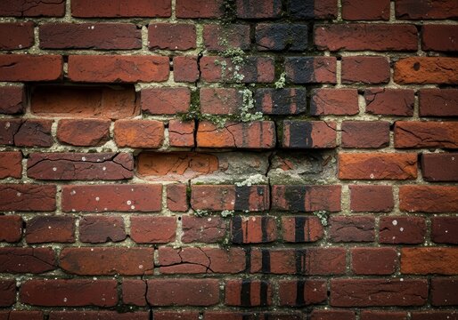 Weathered brick wall with missing bricks and moss provides a textural surface showing age and decay