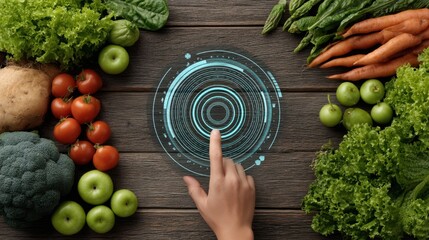 Digital Interface Overlay with Fresh Produce, Interactive Layout on Wooden Surface Featuring Vegetables and Hand Touching Display