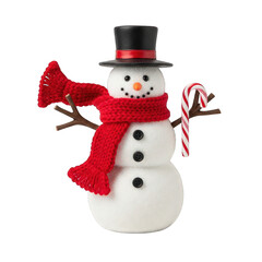 Festive snowman with red scarf and candy cane decor on transparent background