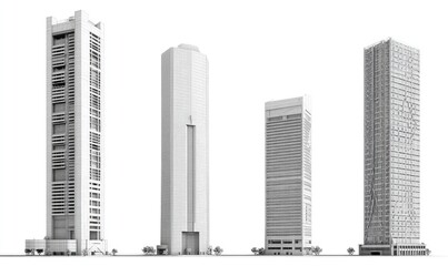 Fototapeta premium Four towering, modern skyscrapers depicted in monochrome, facing forward against white