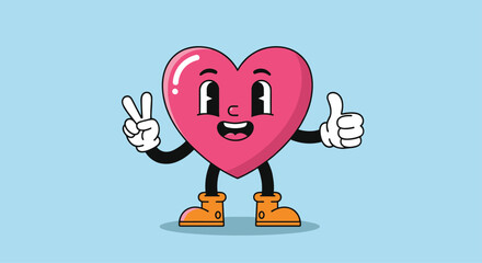 A cheerful cartoon heart character with retro styling giving a peace sign and a thumbs up, symbolizing positivity and happiness.