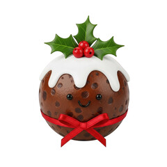 Cute christmas pudding with icing and holly berries on transparent background