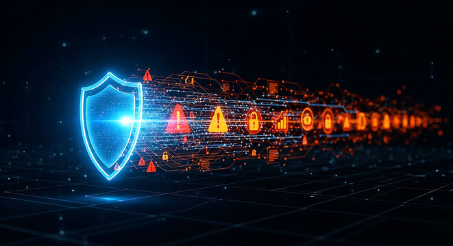 Futuristic cyber security shield icon disintegrating into digital data and warning icons, representing data breach, vulnerability, and cyber attack, set against a dark background