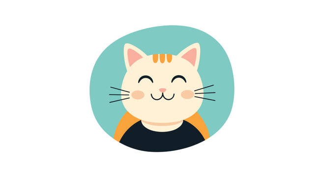 Happy cartoon cat character with a friendly smile, orange ears, and stripes, wearing a black top and an orange cape against a blue circle.