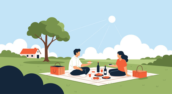 A happy couple enjoys a peaceful outdoor picnic with food and drinks on a sunny day in a beautiful park.